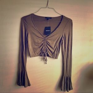 Olive Green Crop Top Long Sleeve Ruffles